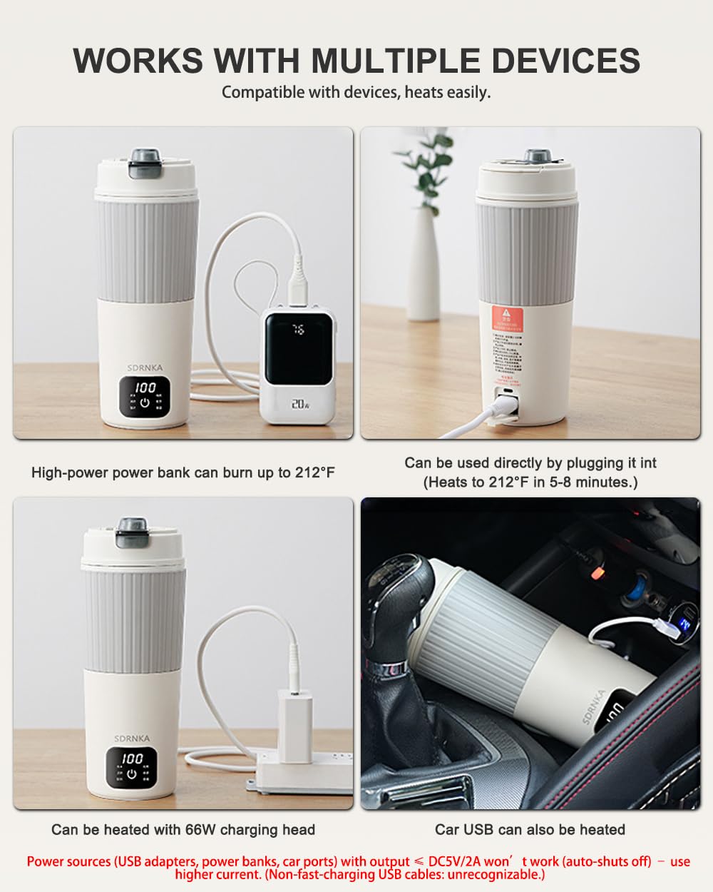 Travel Electric Kettle with Dual Interface Heating Europlug and USB C Port, 316 Stainless Steel, 650 ml Portable Tea Coffee Kettle Water Boiler, 6 ustawień temperatury, elektryczny podgrzewacz wody