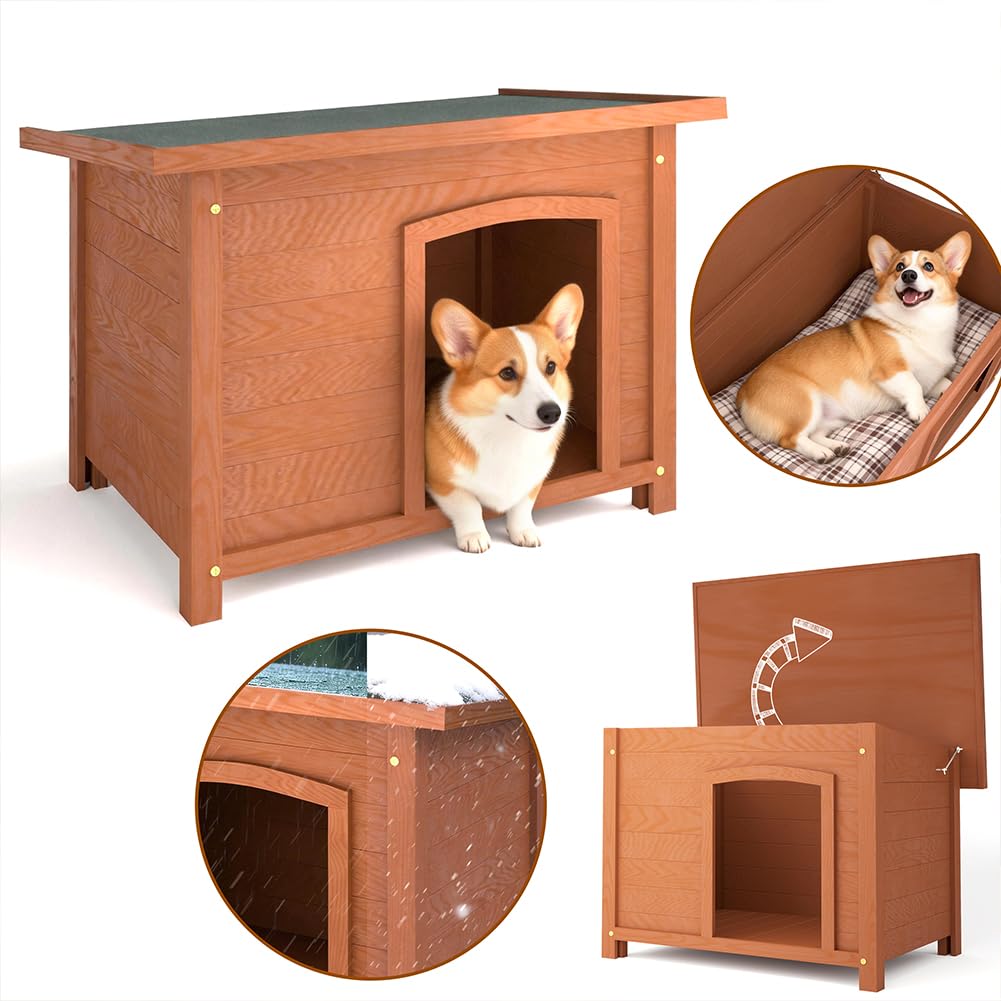 BAKAJI Cuccia per Animali Domestici in Legno di Cipresso, Casetta per Cani e Gatti con Tetto Apribile, Casa da Esterno ed Interno Resistente Alle Intemperie con Tettoia Asfaltata, 85 x 58 x 58 cm
