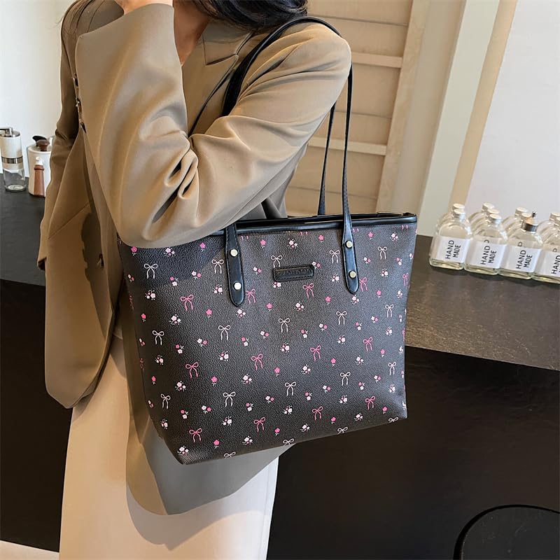 Image of hibear Cherry Print Tote Bag for Women Bow Shoulder Handbag Trendy Faux Leather Top-Handle Bag with Cherry Accessories