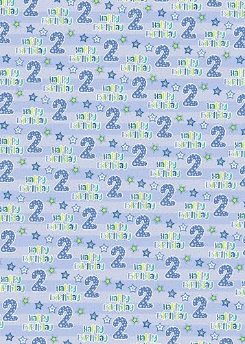 2 Sheets 2nd Birthday Boy Wrapping Paper Age 2 Cute Birthday Giftwrap Male Blue (PA)