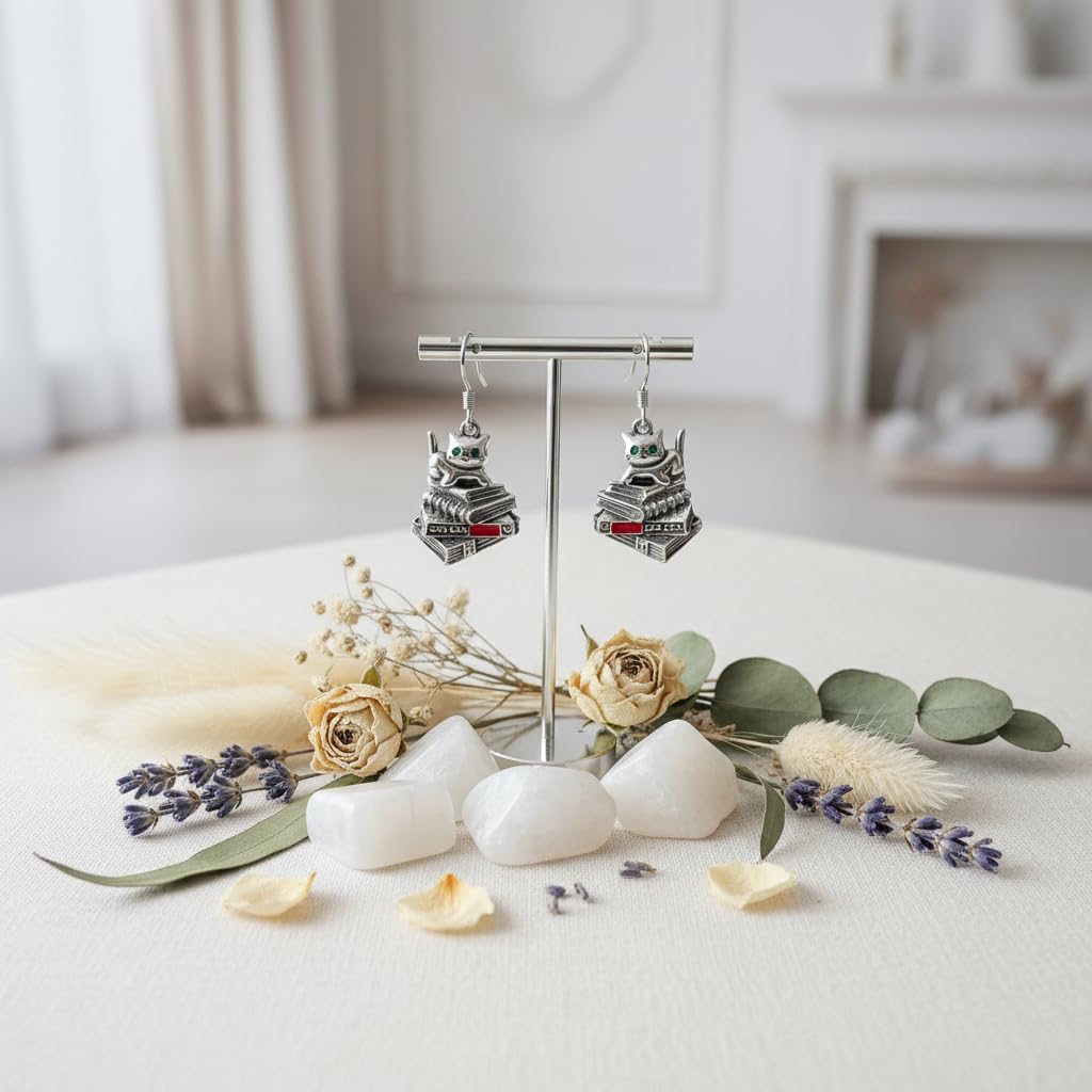 Book Earrings for Women Cat Dangle Earrings with Sterling Silver Ear Hooks Book Jewelry Cat Themed Gifts for Books Cats Lovers
