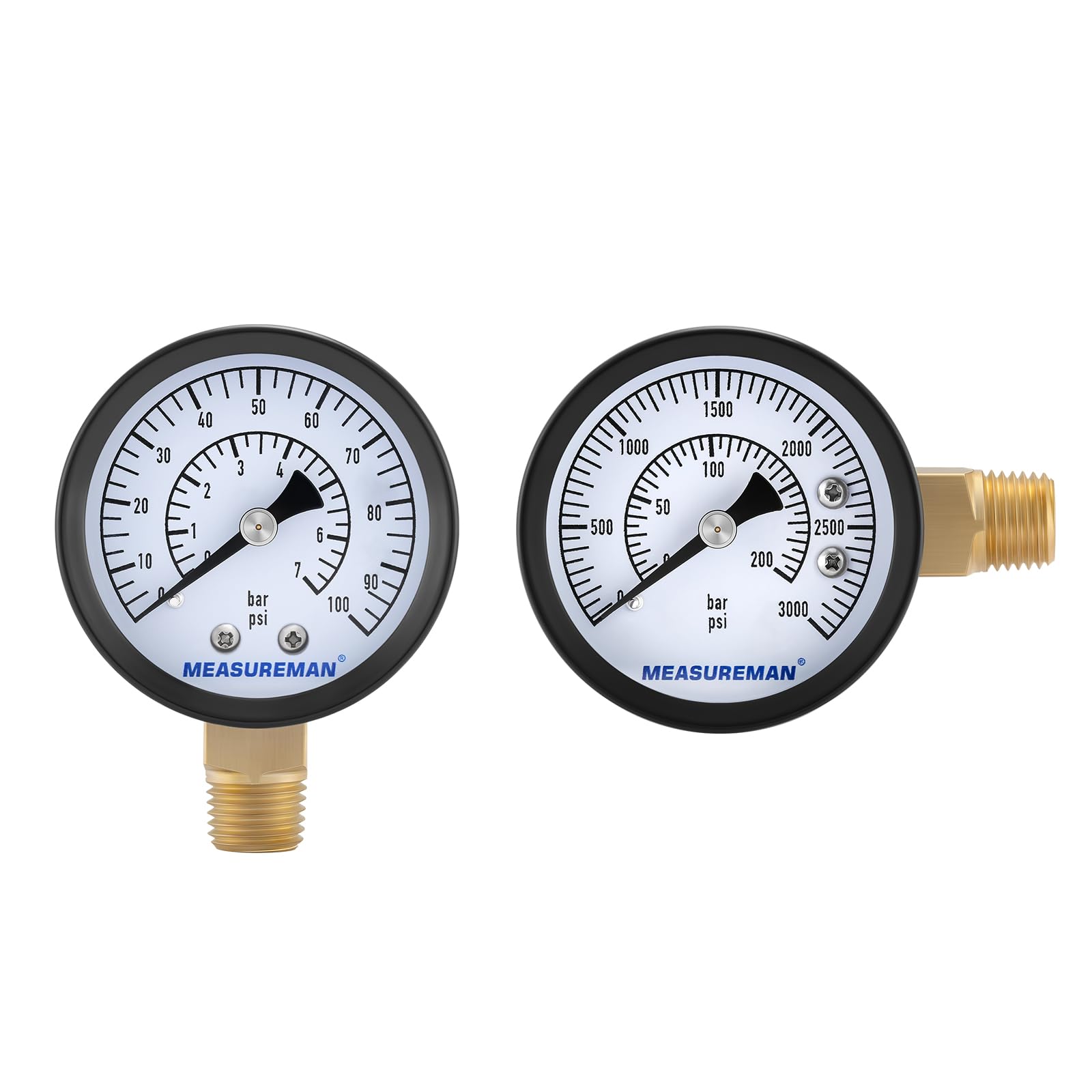 MEASUREMAN CO2 Regulator Gauge Set for Beer Kegs, 0-100/3000 PSI,2Pc, Dual Scale, Bar/PSI, 2’’ Dial, 1/4’’ NPT, Black Iron Case, Aluminum Pointer,