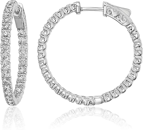 Pendientes de aro medianos redondos de plata de ley 925 con circonita cúbica de 0.079 in, Plata de ley Plata, Circonia cúbica