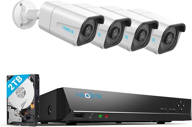 Reolink System kamer monitoringu 4K PoE H.265, 4 szt. Wykrywanie osób/pojazdów 8MP Przewodowe zewnętrzne kamery CCTV IP PoE NVR 8-kanałów z HDD 2 TB do nagrywania 24/7 Noktowizja, Audio, RLK8-800B4-A
