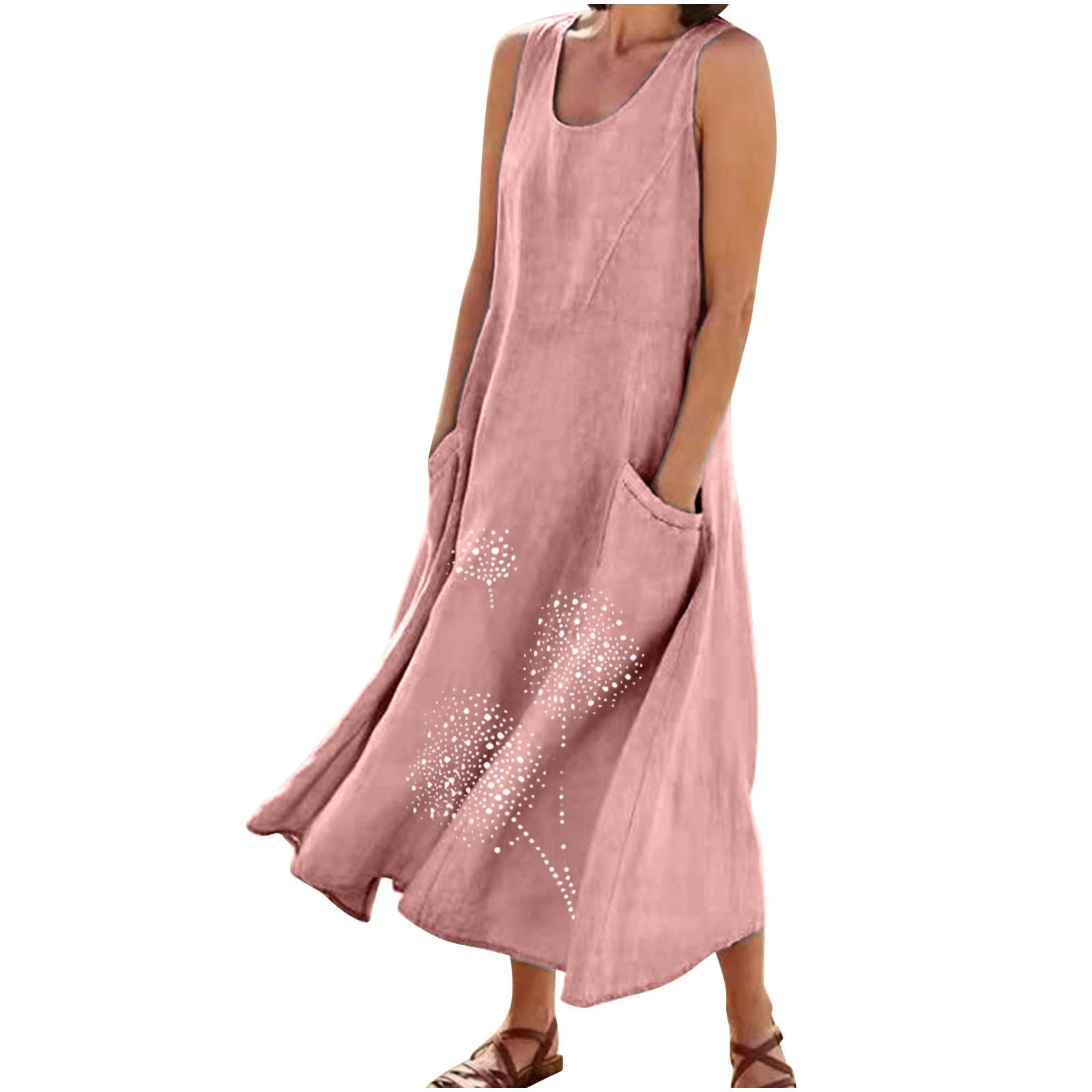 NUSGEAR Vestidos Largo Mujer Lino Vestido 2024 Verano Basico Casual Vestidos sin Manga Cuello Redondo Bolsillos Estampado de Diente de león Elegante Vestido Cómodo Playa Talla Grande