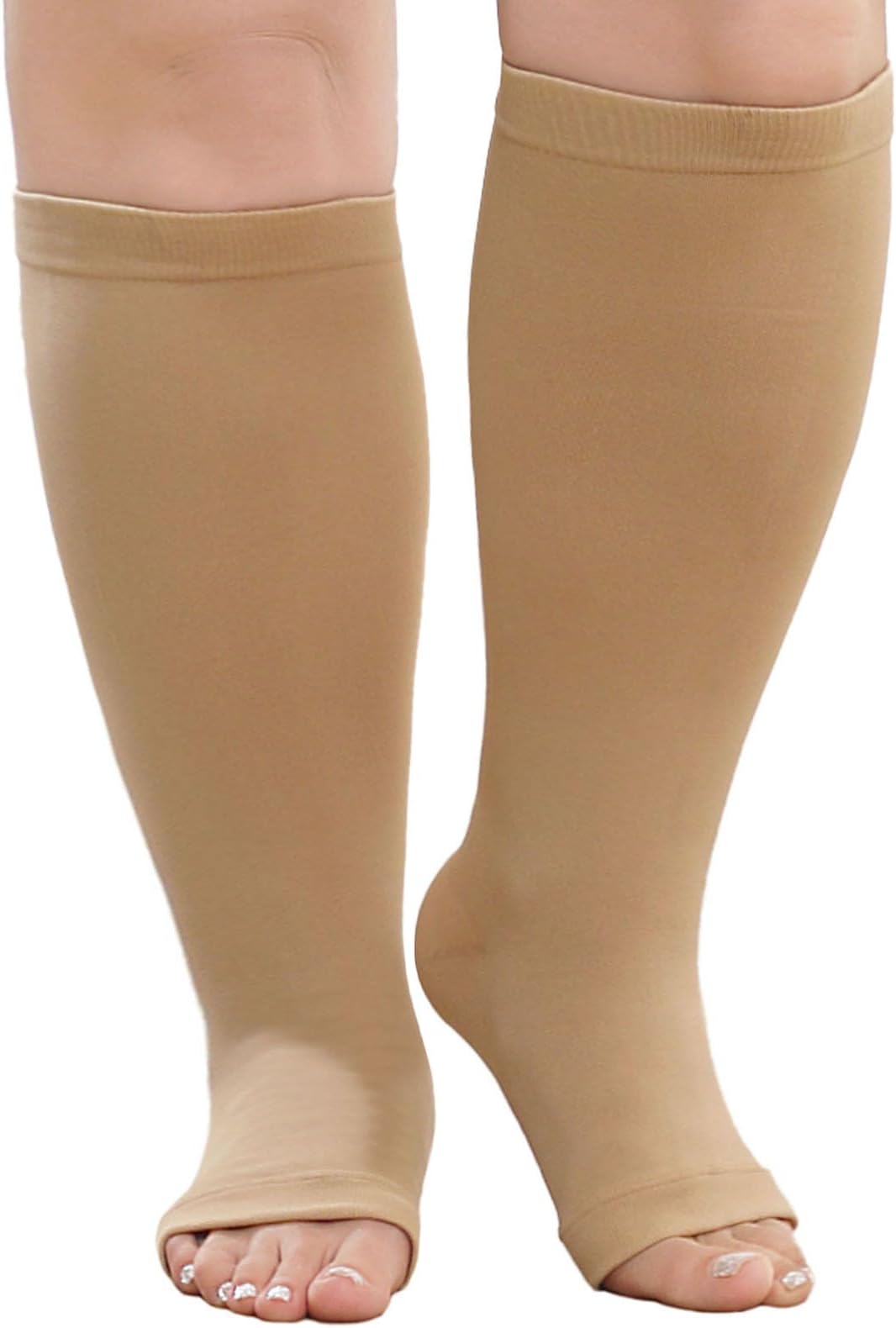 PUTUO Plus Size Compression Socks: Wide Calf Graduated Compression Stockings Men Women Open Toe Extra Large Compression Sock for Support Flight Travel Pregnancy Nurses 20-30 mmHg Beige 4XL 1Pairs