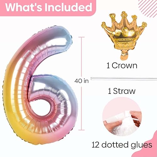 Miniatura 2 de Globo con el número 6 de 40 pulgadas, degradado arcoíris con corona desmontable, fácil de inflar y desinflar reutilizable, globos de Mylar de