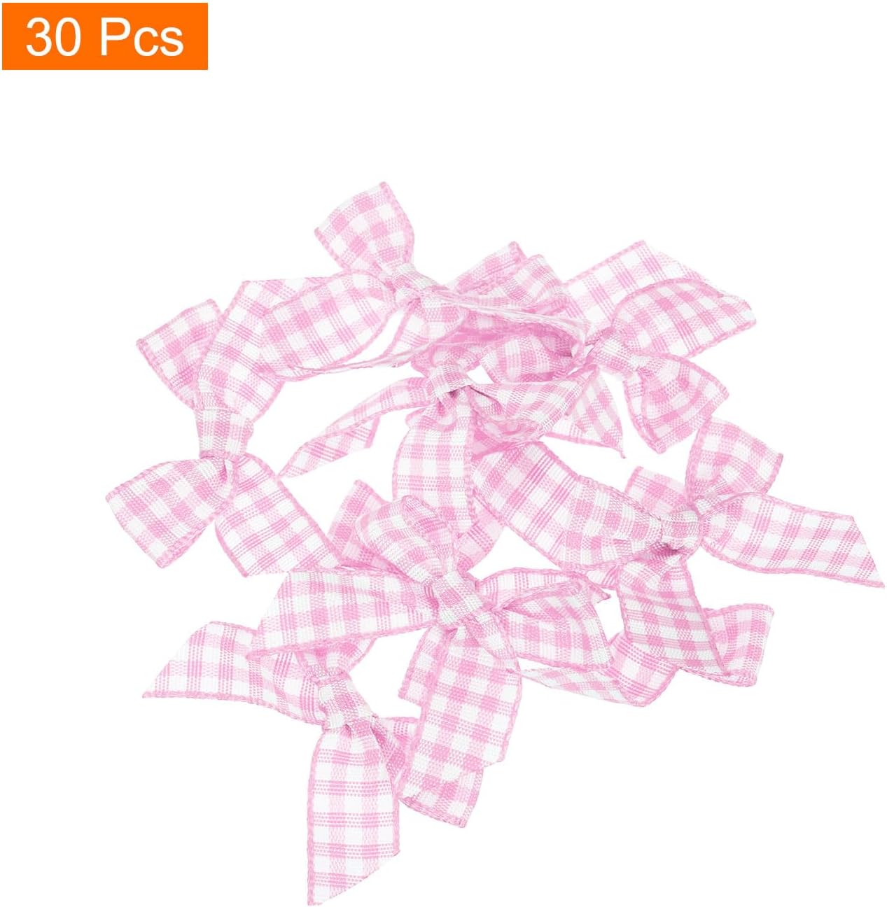 MECCANIXITY 30Pcs Mini Gingham Ribbon Bow 1.5" Checkered Fabric Satin Ribbon Bows for Craft DIY Hair Bow Sewing Wedding Birthday Party Pink and White