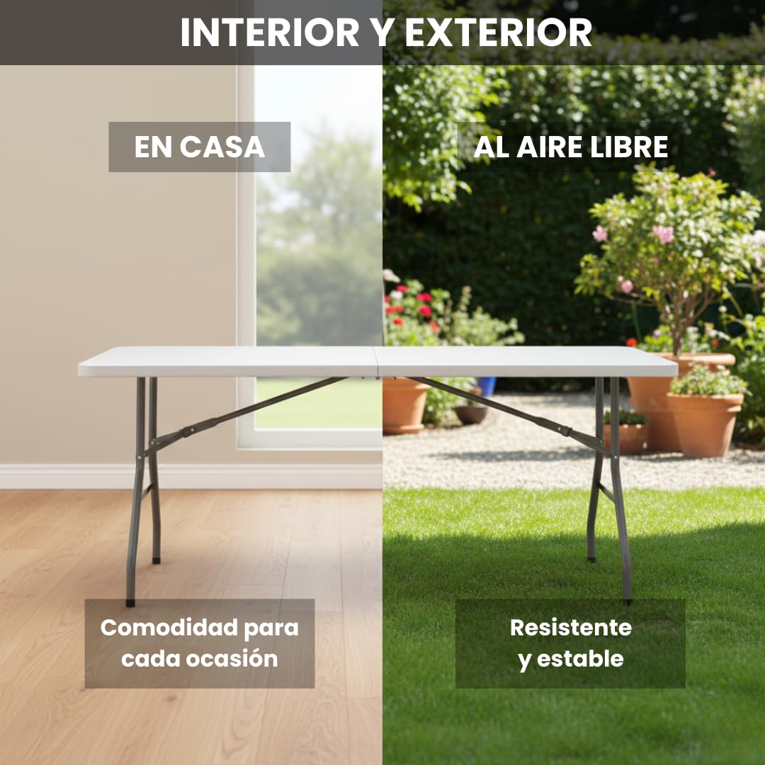 edihome Mesa Plegable 180x68x74 cm para Comedor, Camping, Jardín y Catering – Mesa Portátil Resistente para Interior y Exterior, Fácil de Transportar (Blanco)