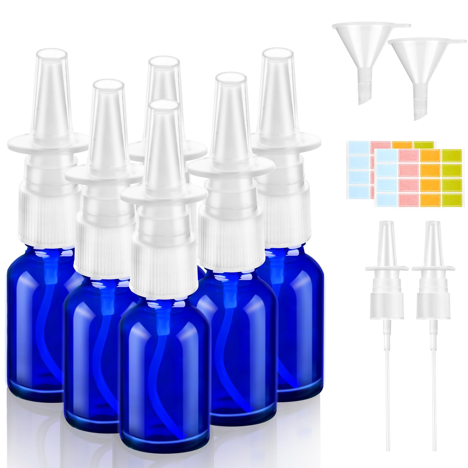6 Stück Nasenspray Flasche Leer, 10ml Glas Nasensprayflasche, Wiederverwendbar Nasen Sprühflaschen, Nachfüllbare Zerstäuber mit Düsen Trichter Etiketten für Parfüm Atherische Kochsalzlösung (Blau)