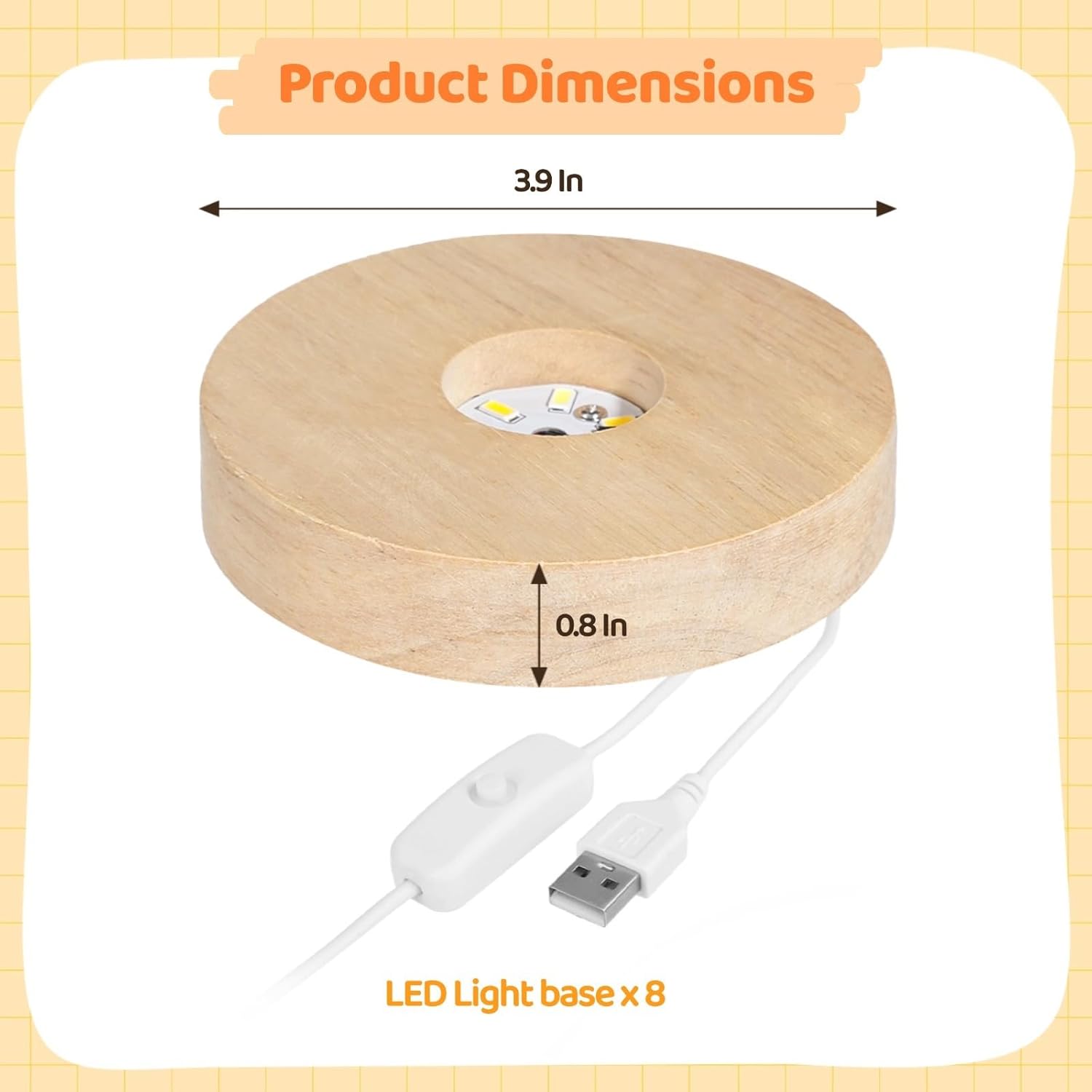 Display Stand for Art Glass, Crafts, Home Decor, 3 Lighting Modes, 8 Pcs Wooden Led Light Bases, 0.8 Inch Height, 3.9 Inch Diameter, U Powered