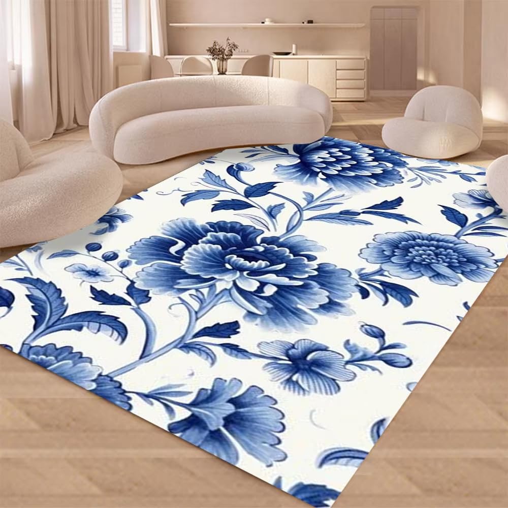 Tapis de sol lavable porcelaine bleue et blanche 70x130 cm pour cuisine et salon