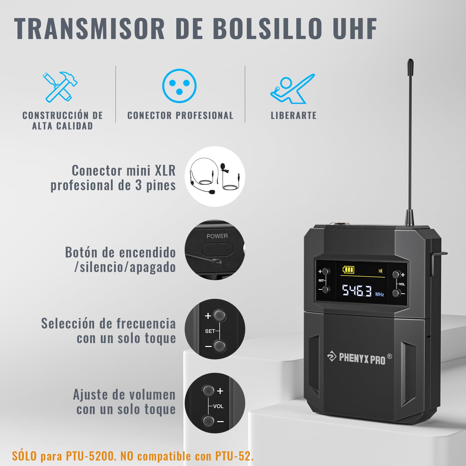 Phenyx Pro Sistema de Micrófono Inalámbrico 4 Canales PTU-5200-2H2B | 2 Mics de mano dinámicos, 2 bodypacks, Mics de diadema/solapa, 4 x 25 frecuencias, Alcance 200 ft, Karaoke