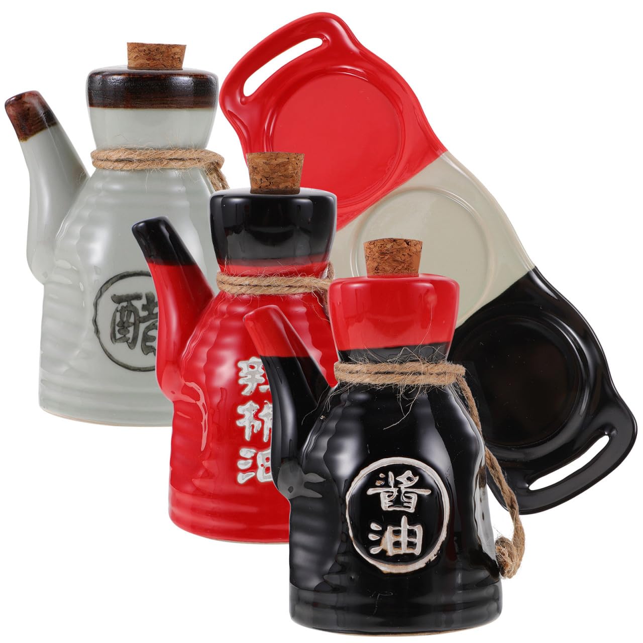 Juego de Dispensador de Vinagre y Aceite con Tapa de Corcho y Bandeja de Cerámica Japonesa 200ml, Diseño Delicado y Funcional para Cocina