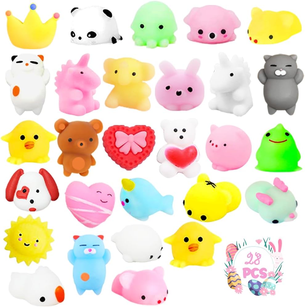 Mochi Squishy Toys Bulk Easter Basket Filler Hunt, 28Pack Kawaii Animals Squishy Stress Relief Gifts for Kids Easter Egg Hunt Stuffers Party Favors