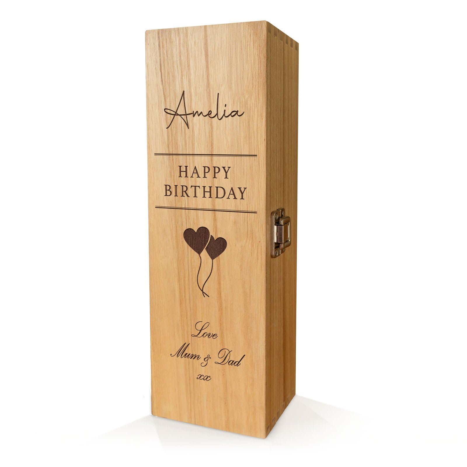 Personalised Wooden Wine Box with Hinged Lid – Custom Laser Engraved Gift with Wood Wool Filling - Birthday Balloon Heart Design