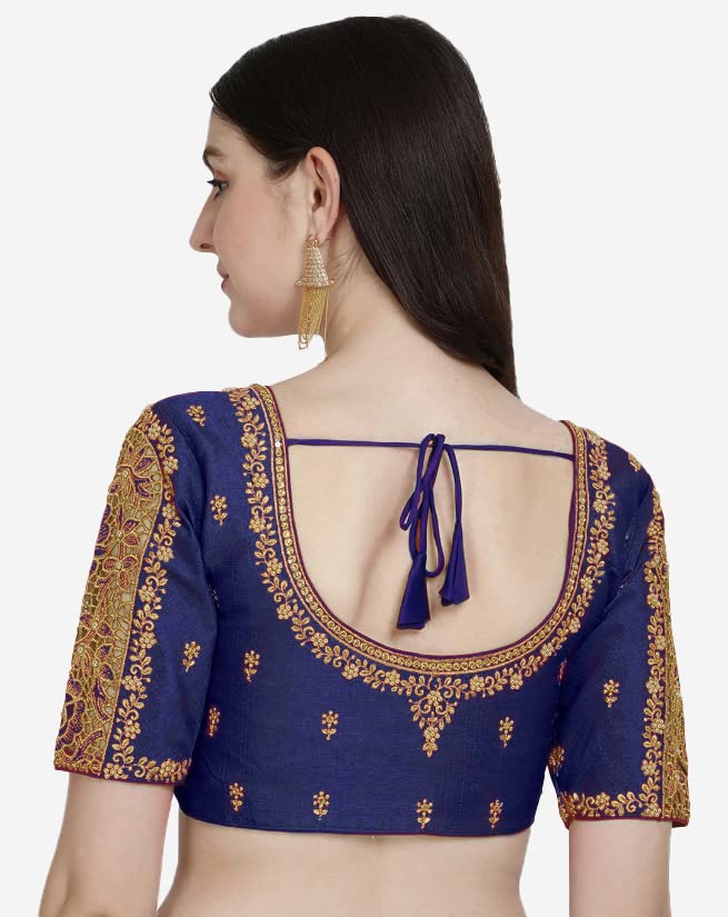 Pujia Mills Women's Silk Floral Half Sleeve Blouse (Gulab Navy Blue_Navy Blue_38)