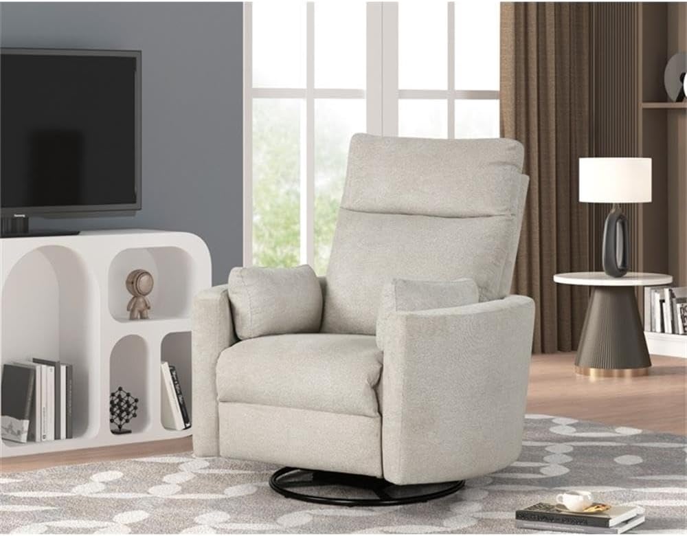Pemberly Row Modern Polyester Fabric Swivel Recliner, Upholstered Seating Chair Featuring Swivel Reclining Function for Residential Seating Applications, Polyester Fabric in Natural Quartz Finish