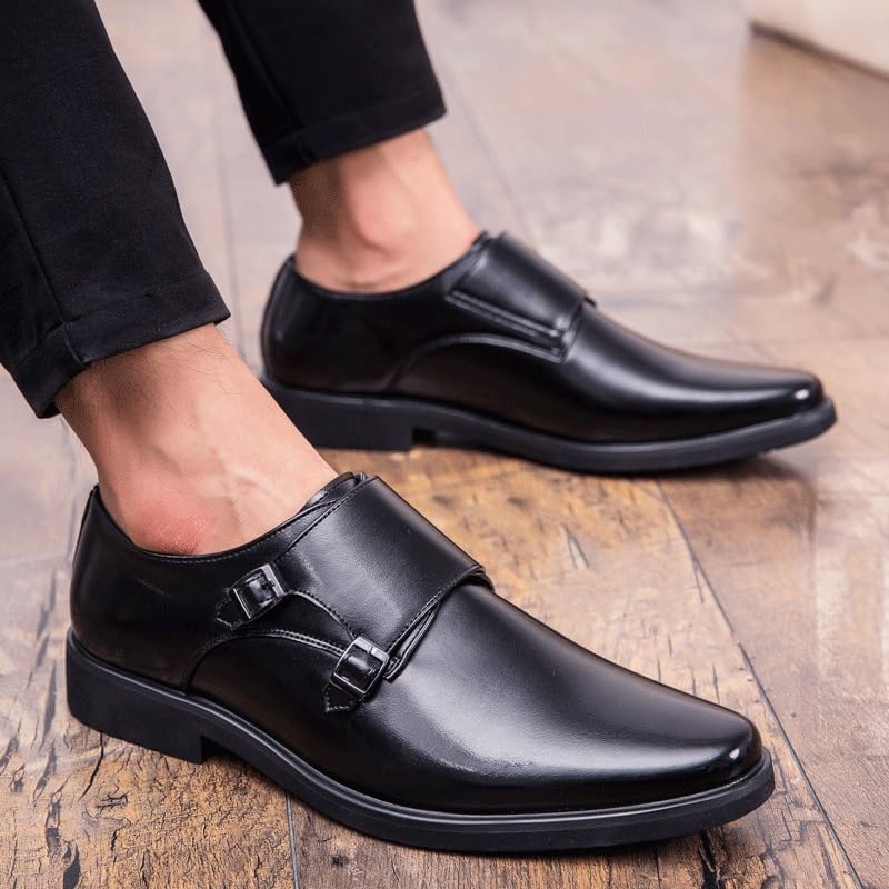 Dress Double Monk Shoes for Men's Non Slip Rubber Sole Low Top Shoe for Business Office Party Wedding Burnished Leather Slip-on Uniform Round Toe2