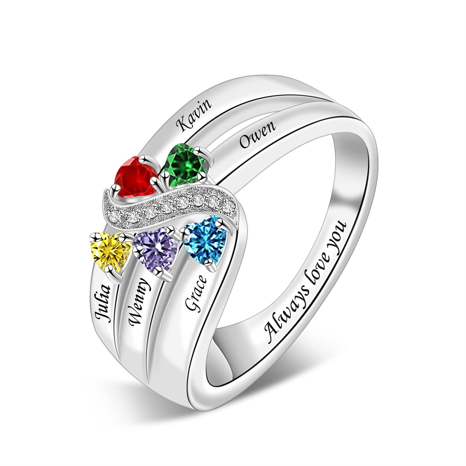 YITUB Personalized Mothers Ring with 1/2/3/4/5/6 Birthstones Rings 925 Sterling Silver Mom Ring Custom Engraved Family Jewelry Gifts for Women