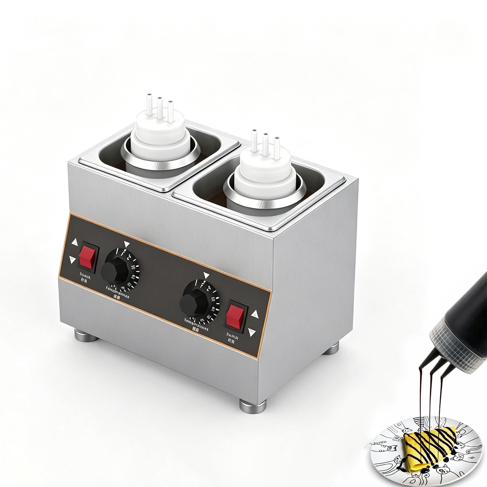Dispensador De Salsas De Acero Inoxidable De Doble Botella, Calentador Eléctrico De Jarabes De 320 W con Recipientes De 650 Ml, Termostato Ajustable (86-185 °F) para Queso para Nachos