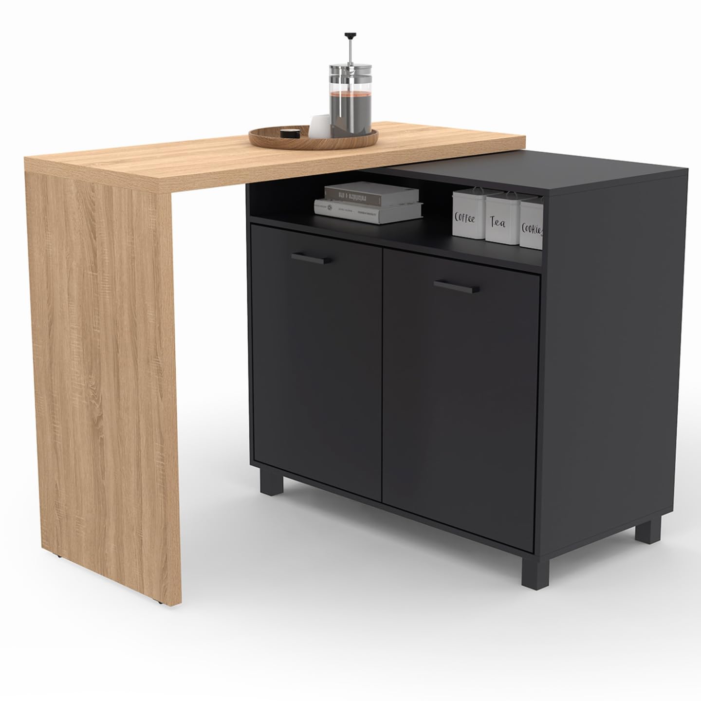 IDMarket - Ilot Rotatif CINA Meuble de Bar pivotant 2 en 1 Imitation hêtre et Noir