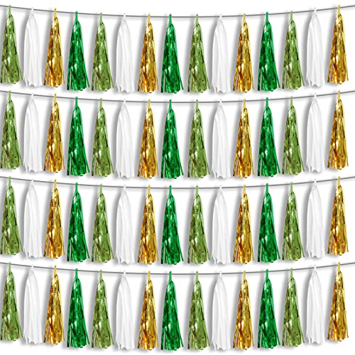Image of 4P Sage-Green Beige-Mint Gold Foil Fringe Metallic Tassel Garland Banner, Tassels Banner Streamers for Parade Floats, Bachelorette, Wedding, Birthday, Christmas, Bridal /Baby Shower Party Decorations