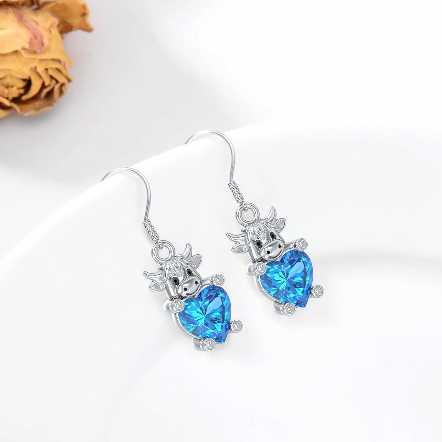 Highland Cow Earrings for Women 925 Sterling Silver Blue Topaz Cute Cow Dangle Earrings December Birthstone Gift for Wife Girlfriend Daughter, Valentine’s Day, Birthday Christmas Jewelry - Image 2