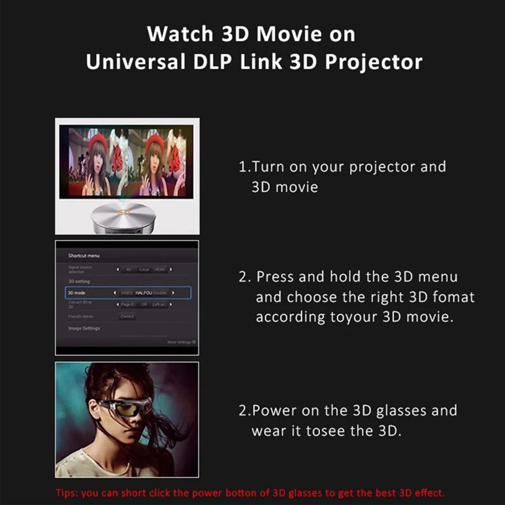 3X per Occhiali 3D DLP Link Active Shutter, Ricaricabili Tramite USB, per Proiettore DLP Home Cinema. Non Adatti A Tutti I Televisori.