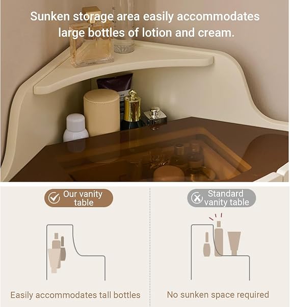 Corner Vanity Makeup Table with Storage Drawer, Cream Style Dressing Table Visible Glass Countertop, Solid Wood Legs, Laptop Desk for Bedroom Small Space