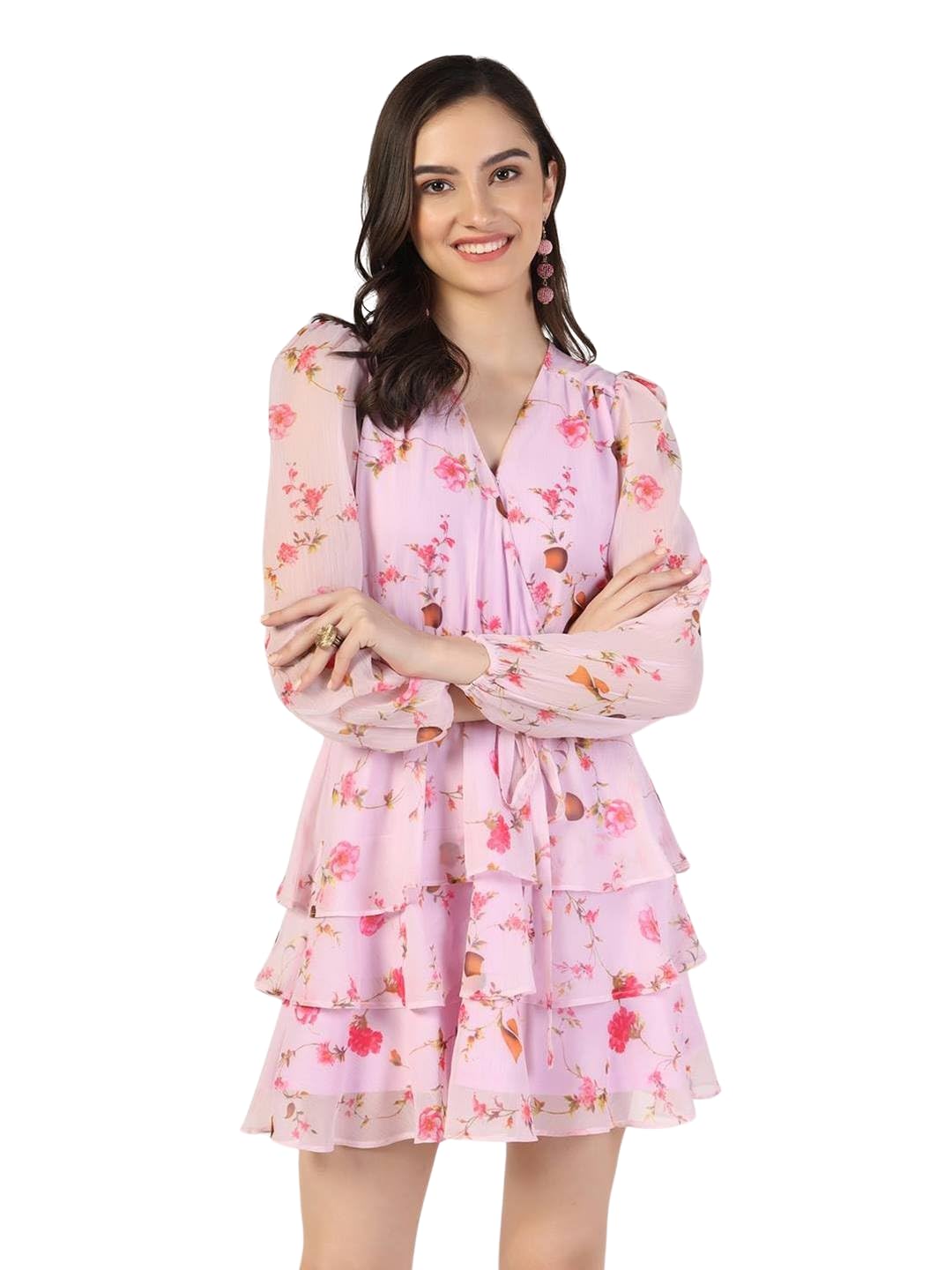 Chiffon Full Sleeves Printed Pink Women Dresses-image-2