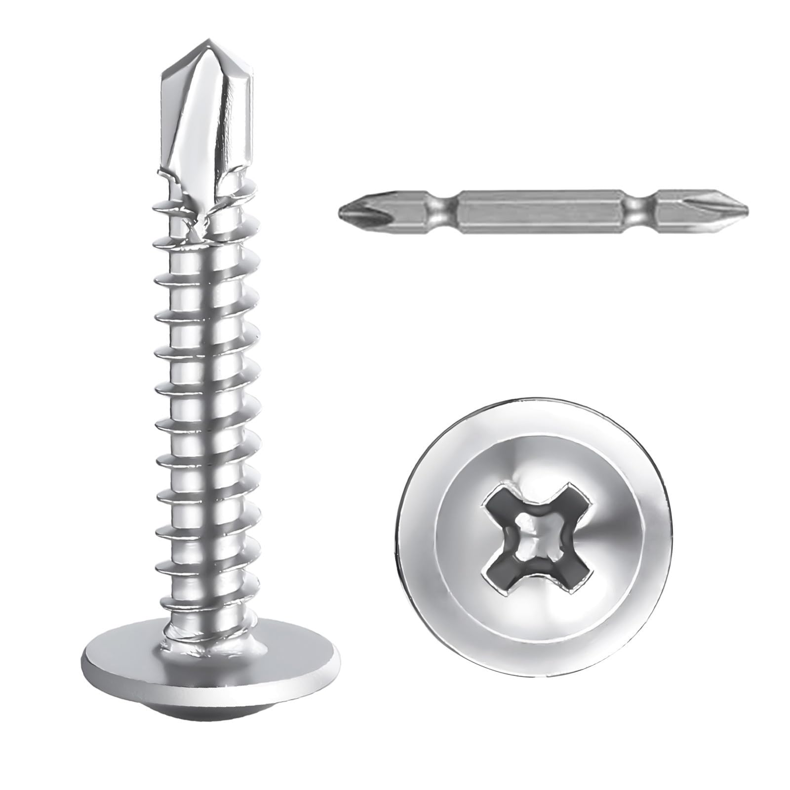 SHUNCHG 50 Pcs M4.8x19mm Wafer Head Self Drilling Screws, 410 Stainless Steel Modified Truss Head Self Tapping Tek Screws for Sheet Metal, Aluminum, Wood,Plastics with Screwdriver Bit