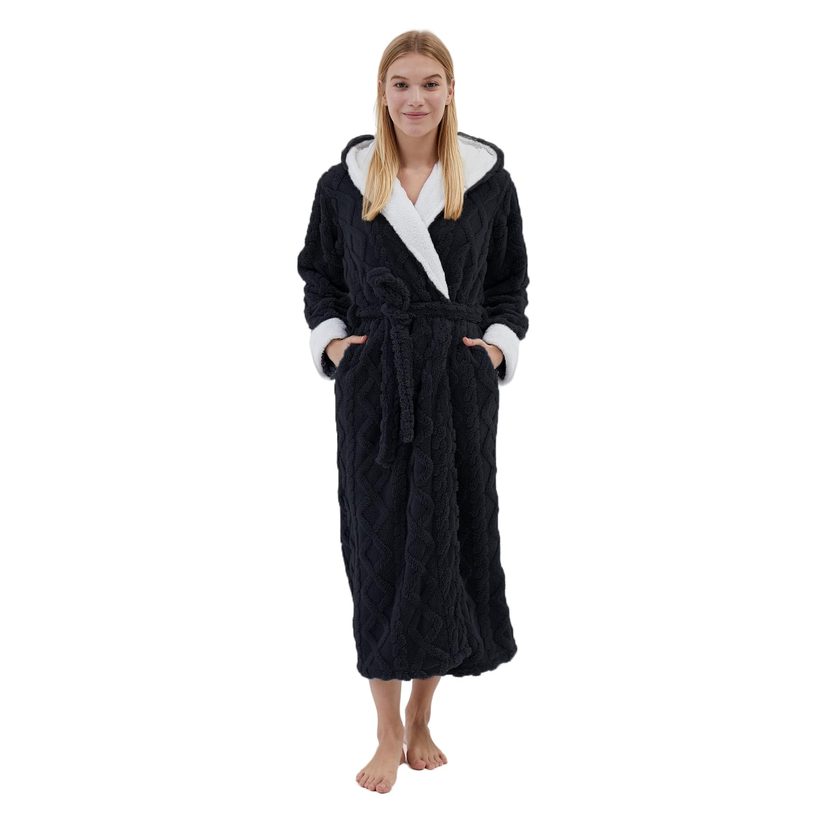 Accappatoi con cappuccio da donna lunghi, in pile sherpa, con cappuccio, accappatoi lunghi in peluche, morbidi e caldi, per l'inverno
