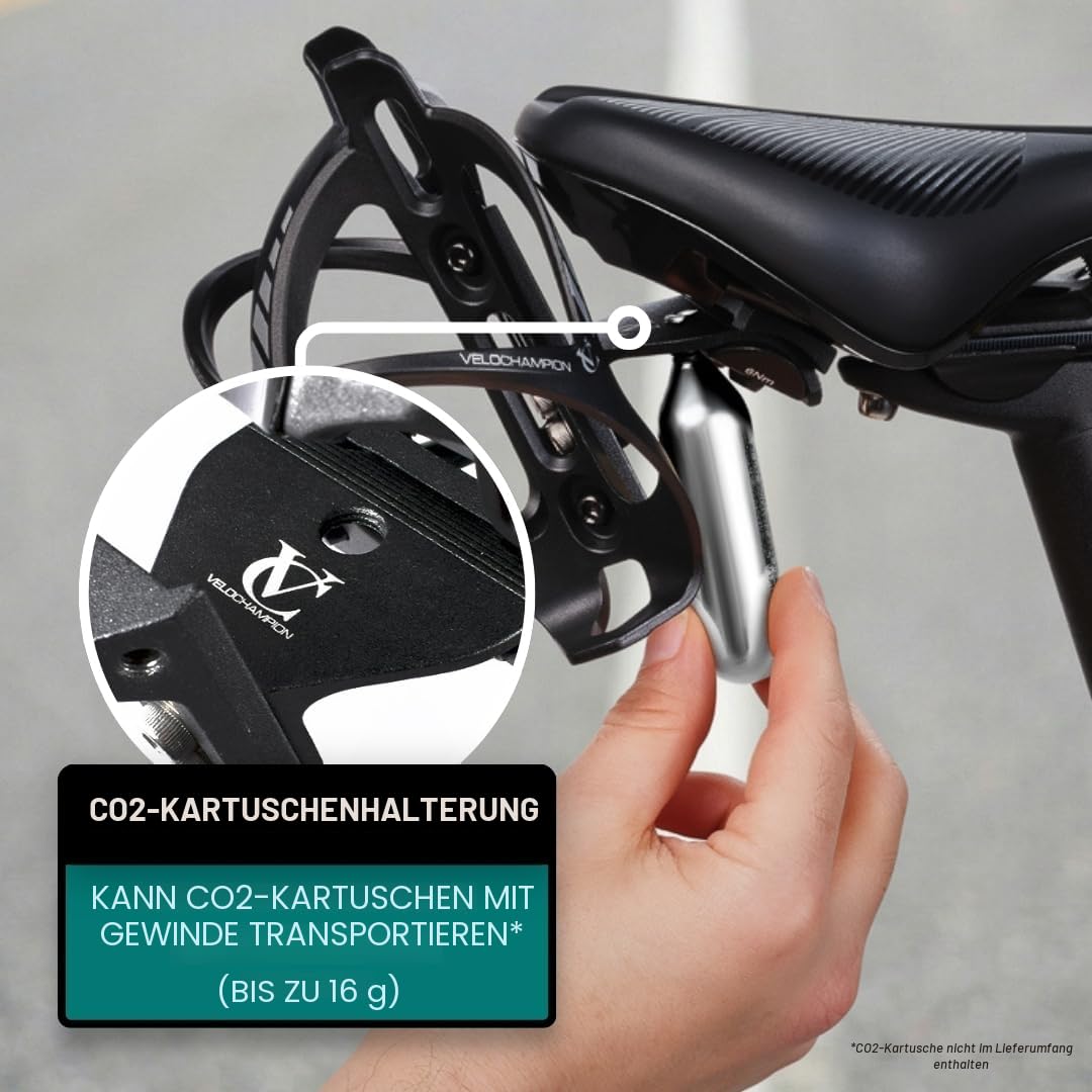 VeloChampion Universal Fahrrad-Flaschenhalter | Hinter Sattel Hydrationshalter für Triathlon & Rennrad | Für 1–2 Flaschen 750ml & CO2 | Passend Sattelstreben 50–80 mm (Premium, Aluminium, Schwarz)