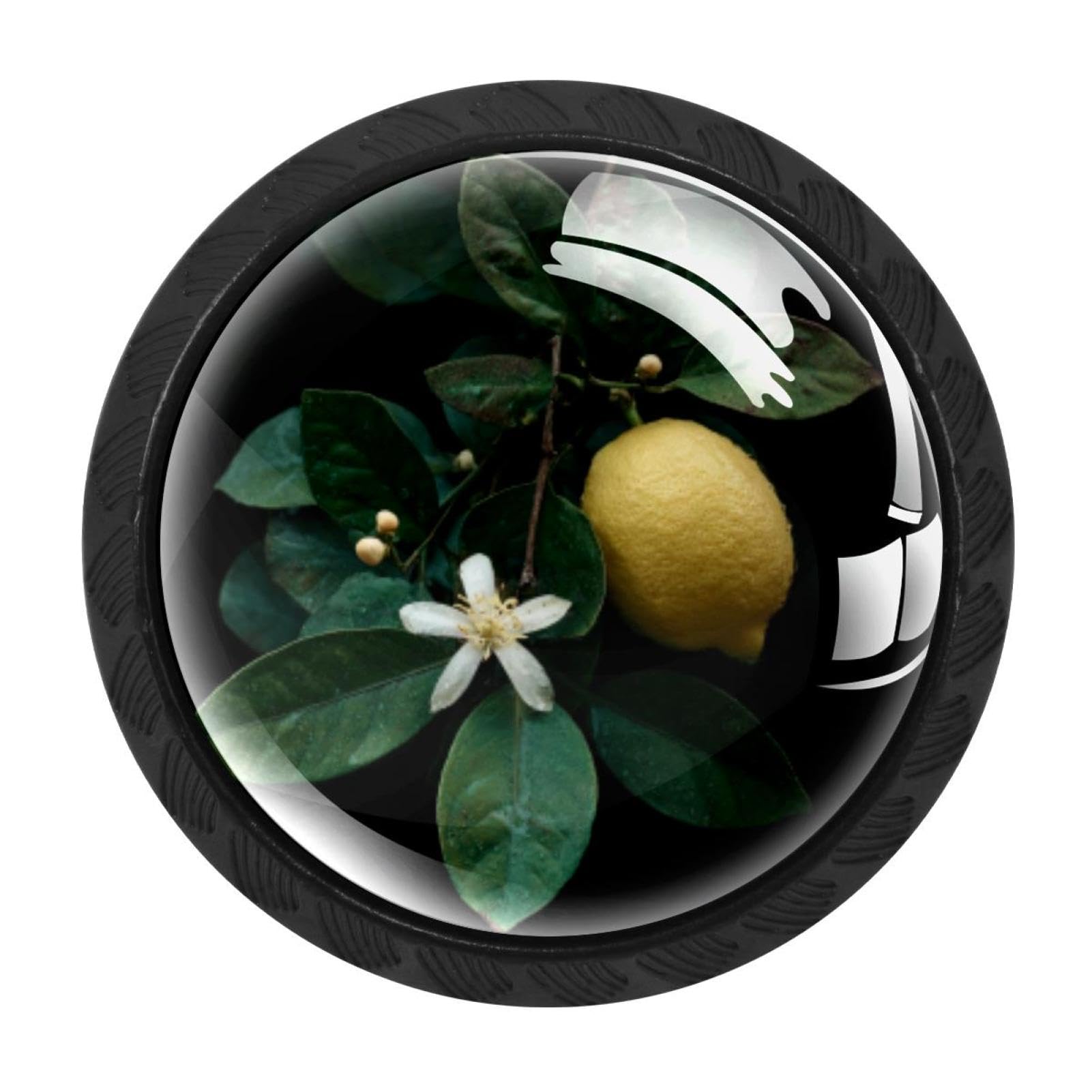 CHENZZZZ 4 Pack Drawer Knobs, Black Handle Dresser Drawer Pulls, Round Decoration Cabinet Hardware Pulls with Screws for Kitchen Cupboard Wardrobe, Lemon and Leaves Flower (1)