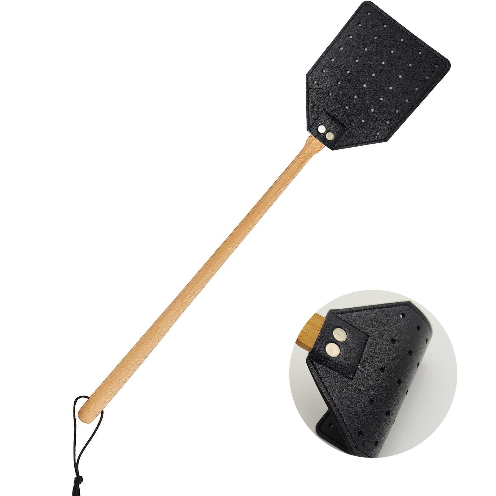 Heavy Duty Leather Fly Swatter, Long Handle Fly Swatter with Beech Wood Handle 19.7" Length, Flyswatter for Indoor and Outdoor (Black)