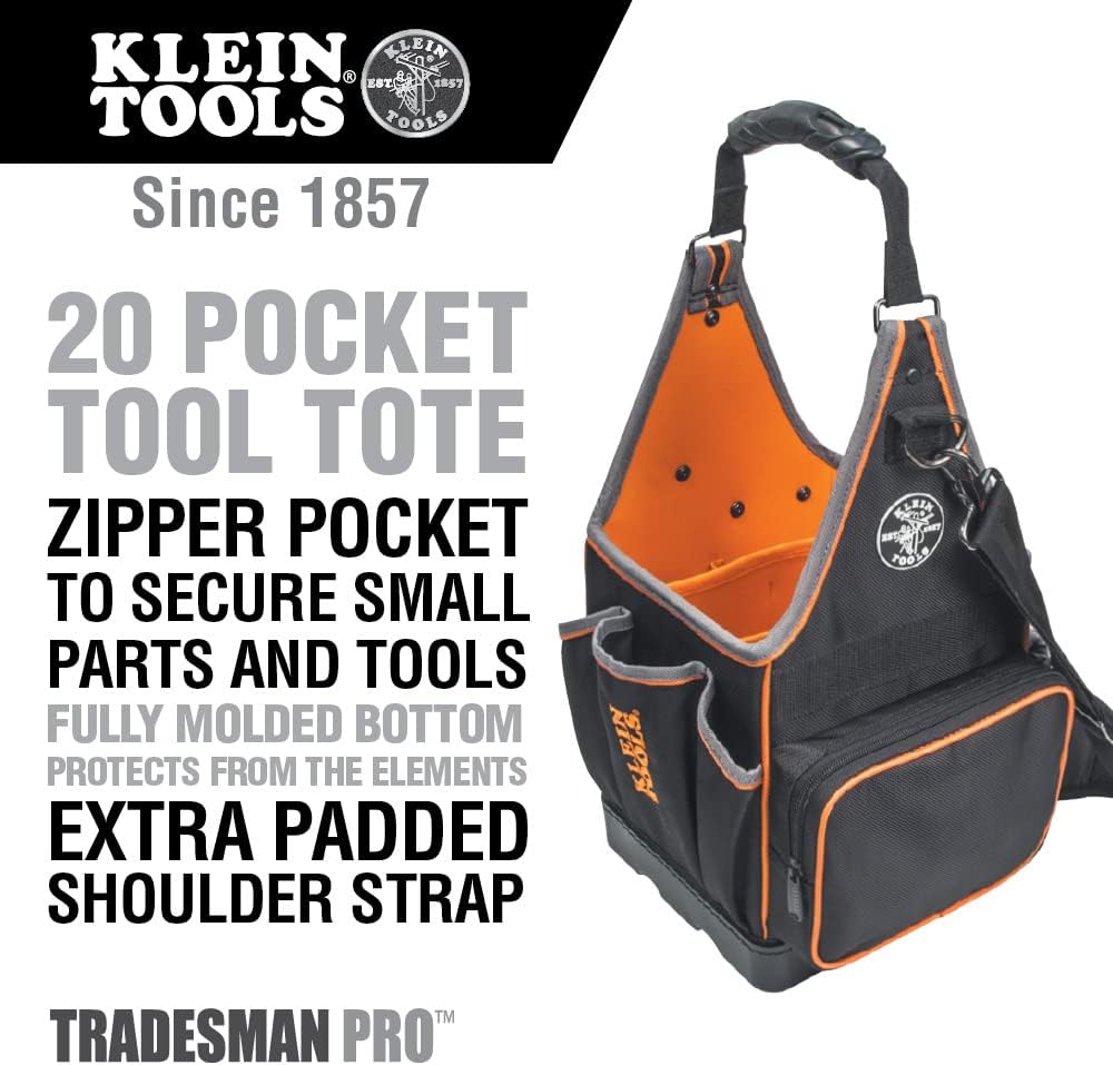 Klein Tools 554158-14 Tool Bag, Tradesman Pro Tote with 20 Pockets Made of 1680d Ballistic Weave and a Fully Molded Bottom, 8-Inch