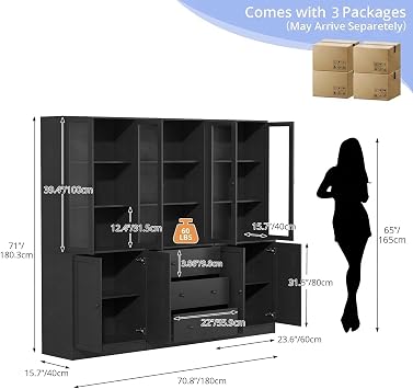 TUSY 71 H Bookshelf with Storage, 6-Tier Modern Bookshelves with 3 Large Drawer, Display Bookcase with Glass Doors, Modern 5-Tier Curio Cabinet for Home Office, Dining Room (Black, ABA)