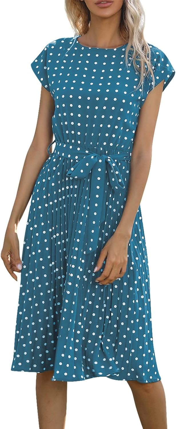 LJYYR Women's Polka Dot Midi Dress - Casual Short Sleeves Round Neck A Line Pleated Dress Belted Ruffle Babydoll Boho Sundress (L,Blue)