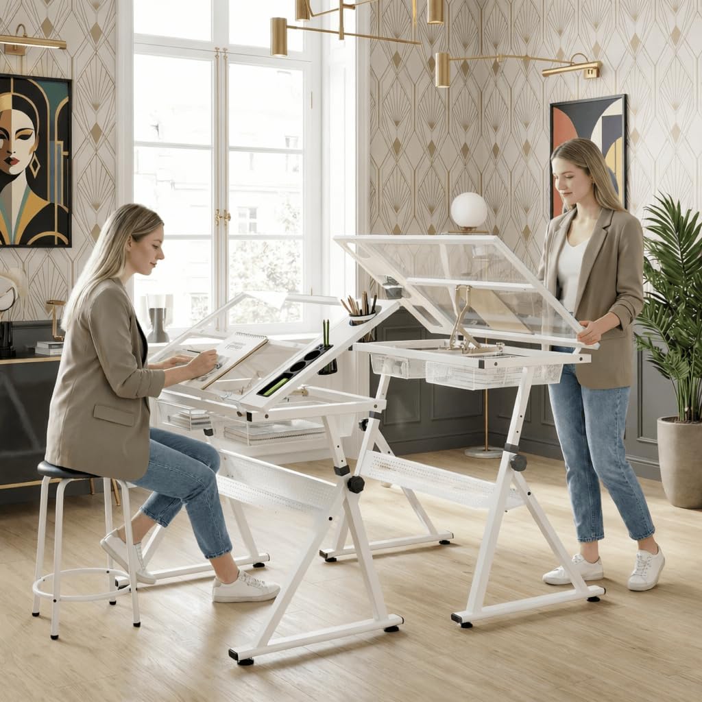 Litex Adjustable Drafting Table with Stool, Glass Top Art Desk for Drawing & Painting, 0–75° Tilting Tabletop, Height Adjustable Craft Desk with Storage Drawers for Home Office Studio (White)