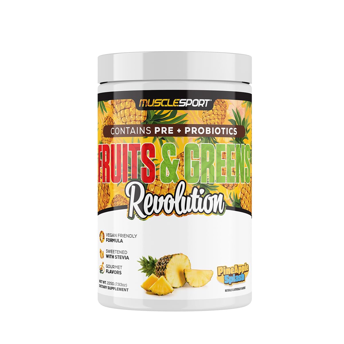 Musclesport Fruits & Greens - Fruit, Vegetable and Antioxidant Supplement, including Wheat Grass and Spirulina, Added Fiber and Probiotics - 30 Servings (Pineapple Splash)