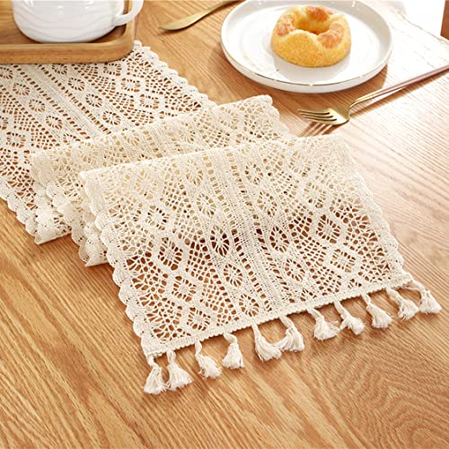 Gemseek 60 Inch Boho Beige Table Runner, Vintage Farmhouse Bohemian Crochet Macrame Table Runner For Wedding Party Coffee Dining Table Decor #TOP3