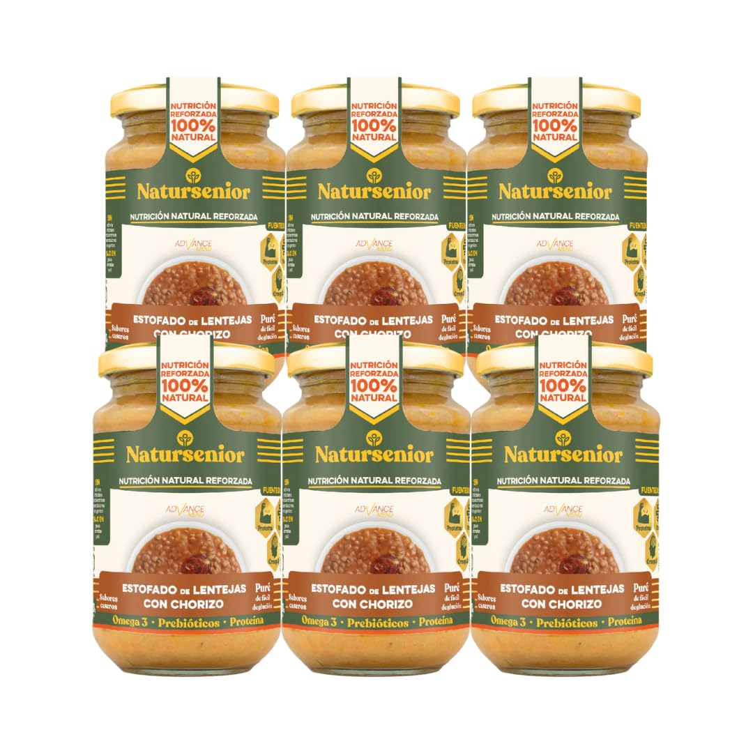 Natursenior - Comida Triturada para Personas Mayores - Pack Puré de Estofado de Lentejas con Chorizo - 100% Natural, Omega 3, Fibra, Proteína - 6 uds x 340g