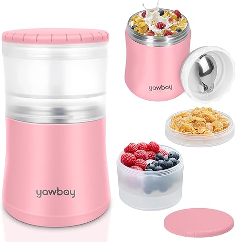 Miniatura 1 de Yawbay Contenedor de yogur contenedor de alimentos aislado taza de cereales 2 en 1 sobre la marcha tarro de alimentos aislado de acero inoxidable