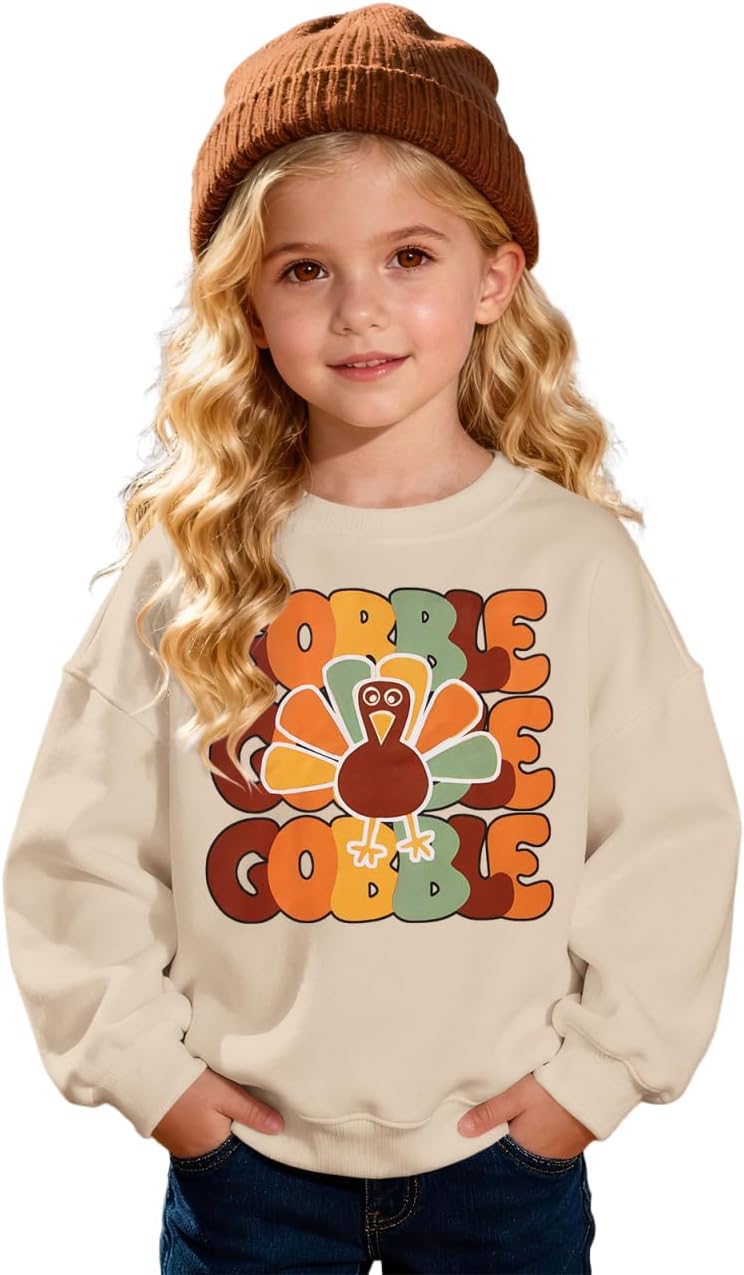 BOUTIKOME Toddler Boy Girl Thanksgiving Turkey Graphic Sweatshirt Gobble Print Holiday Shirt Long Sleeve Pullover Fall Tops