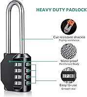 Vista 3 de Candado de combinación de grillete ultra largo de 3.2 pulgadas, juego de 4 dígitos, tu propia combinación de candado al aire libre para escuela