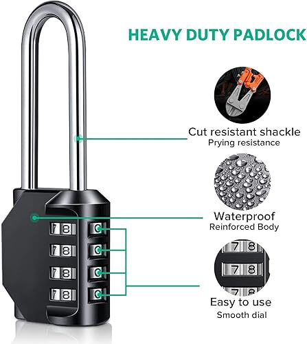 Miniatura 3 de Candado de combinación de grillete ultra largo de 3.2 pulgadas, juego de 4 dígitos, tu propia combinación de candado al aire libre para escuela,