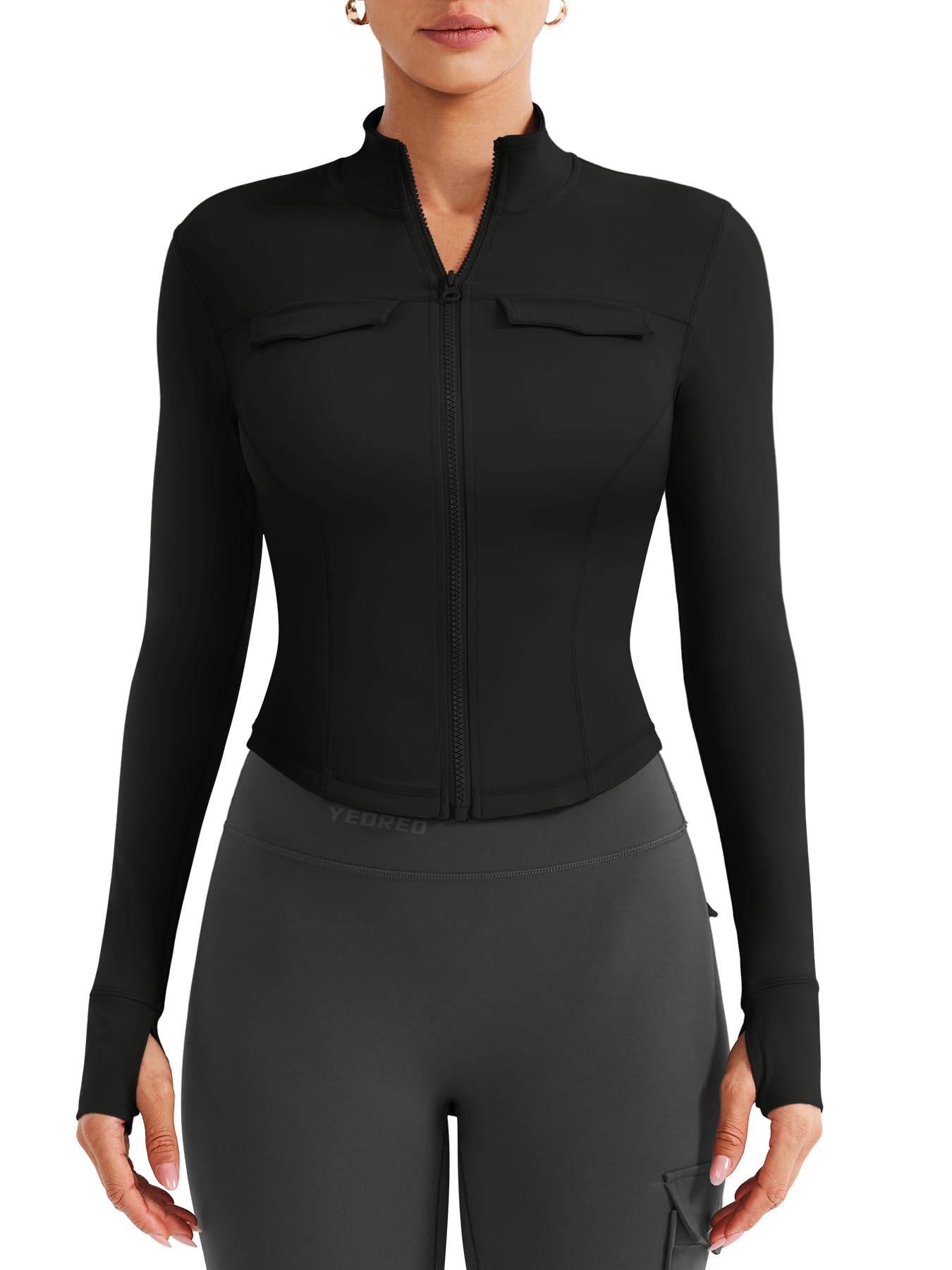 YEOREO CoreFlex Womens Workout Jackets Cropped Zip Up Athletic Jackets Arsene Slim Fit Yoga Running Tops with Thumb Holes