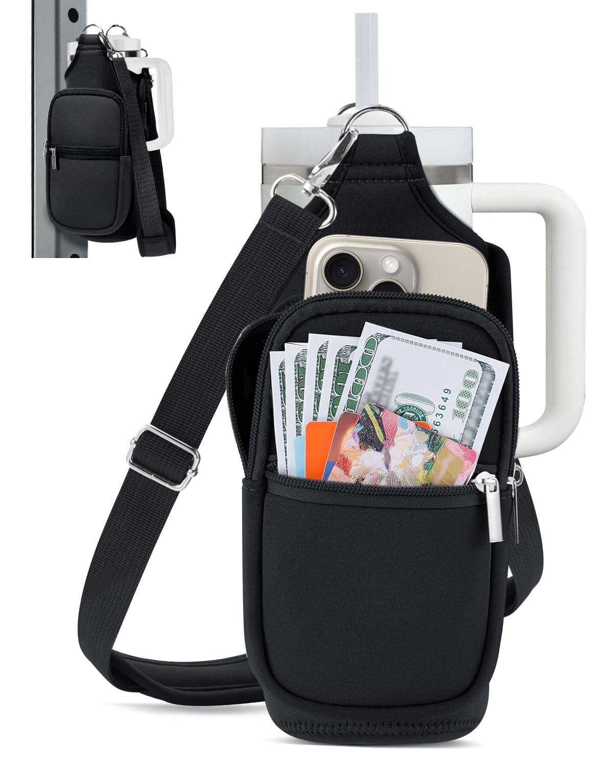 IPOW Magnetic Gym Bag Water Bottle Carrier Holder with Phone Pockets & Shoulder Strap for Men Women,Water Bottle Holder, Gym Pouch, Crossbody Bag for