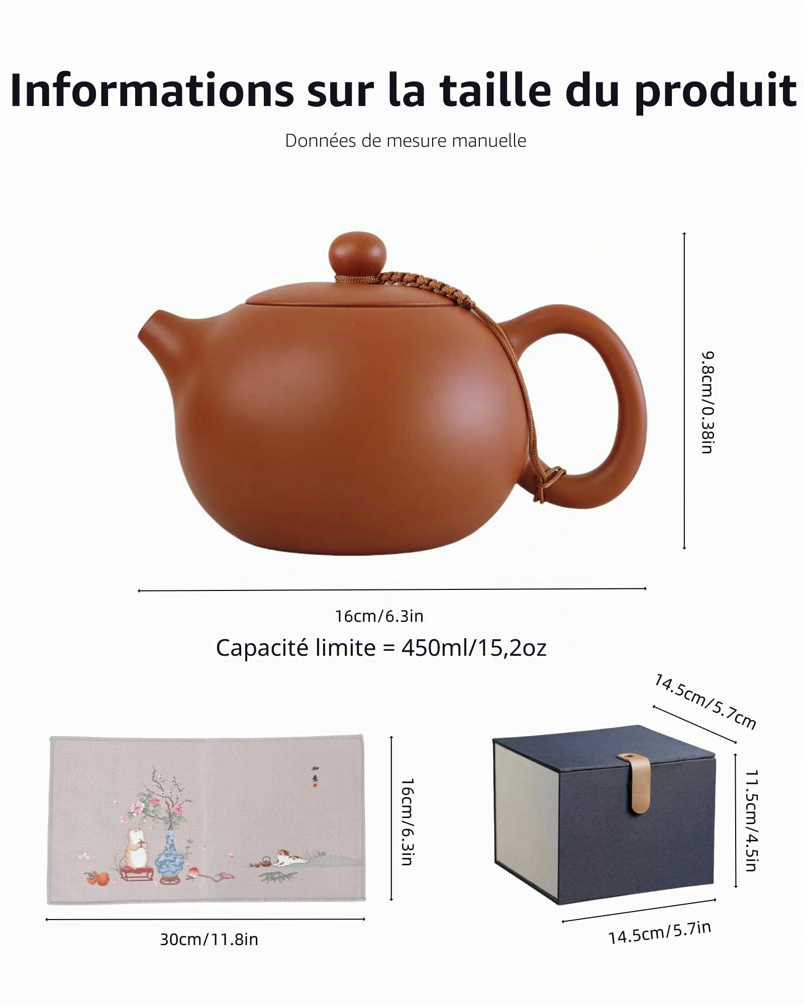 Théière Chinoise en Argile 400 ML, Yixing Zisha Xishi Théières, Theiere Terre Cuite, Faite à la Main Bouilloire en Argile Kung Fu avec Boîte et Torchon